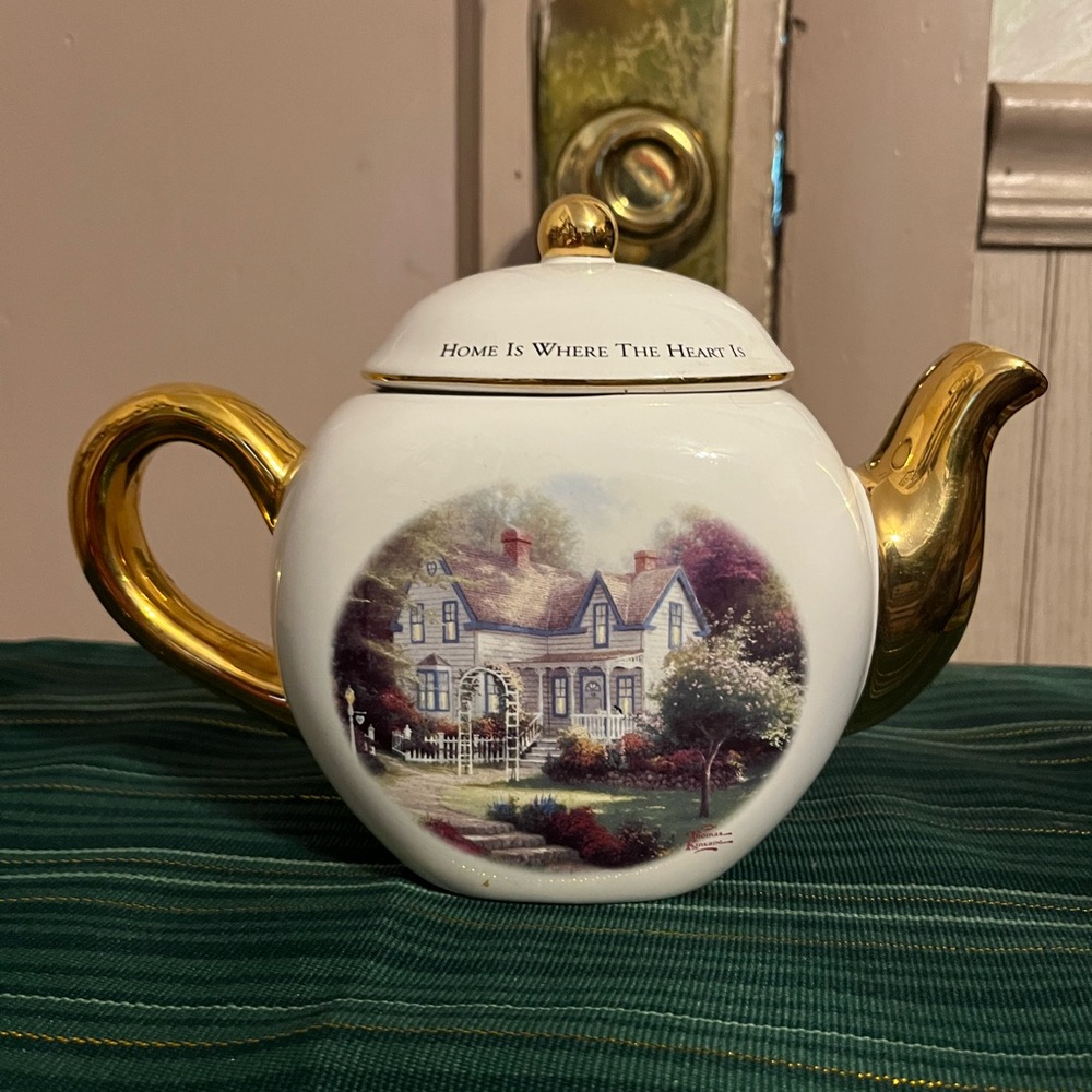 Thomas Kinkade White Ceramic Teapot with Gold Handle, Spout and Lid Finial